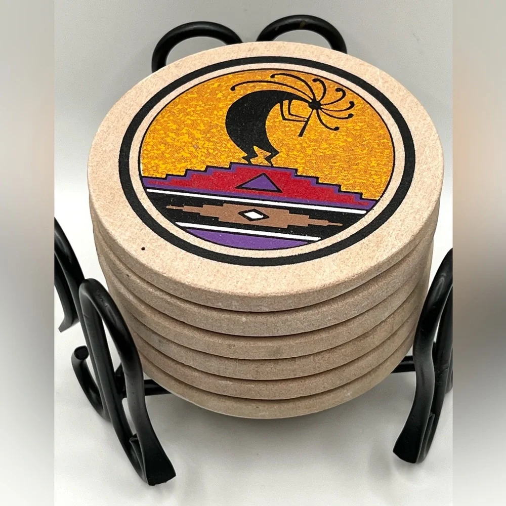 Set of 6 Coasters in Metal Holder Kokopelli Design 3.8 in